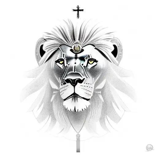 A majestic lion wearing a Roman soldier's helmet, standing in front of a crucifix tattoo design idea