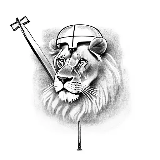 A majestic lion wearing a Roman soldier's helmet, standing in front of a crucifix tattoo design idea