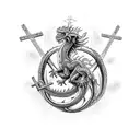 A mythical dragon coiled around a crucifix, with intricate dotwork detailing tattoo design idea