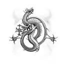 A mythical dragon coiled around a crucifix, with intricate dotwork detailing tattoo design idea