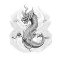 A mythical dragon coiled around a crucifix, with intricate dotwork detailing tattoo design idea