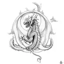 A mythical dragon coiled around a crucifix, with intricate dotwork detailing tattoo design idea