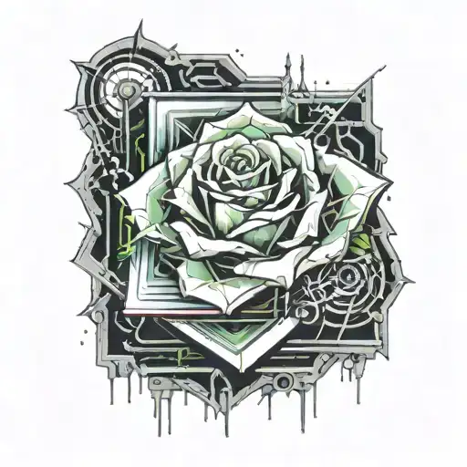 crystal rose coming out of an open book surrounded by motherboard thorns  tattoo design idea