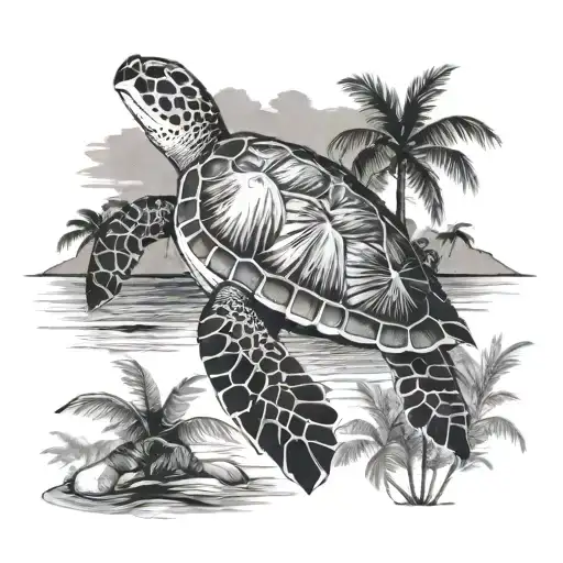 Sea turtle with palm trees by the sea tattoo design idea