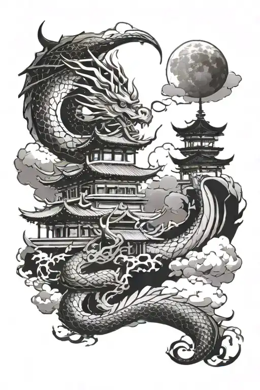 A dragon wrapped in a japanese temple in a cloudy night sky tattoo design idea