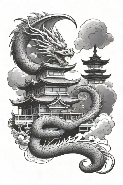 A dragon wrapped in a japanese temple in a cloudy night sky tattoo design idea