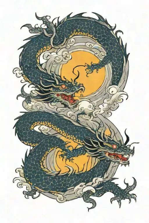 A dragon wrapped in a temple in the cloudy night sky tattoo design idea