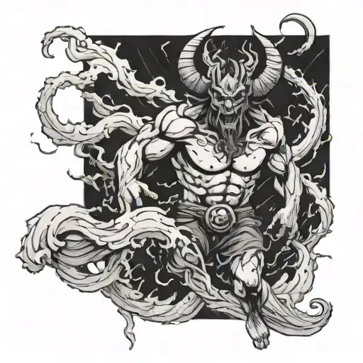 A demon emerging from a stormy tornado, holding a lock symbolizing darkness and sadness tattoo design idea