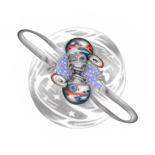 A realistic depiction of Blink 182 performing on a stage made of stars and planets tattoo design idea