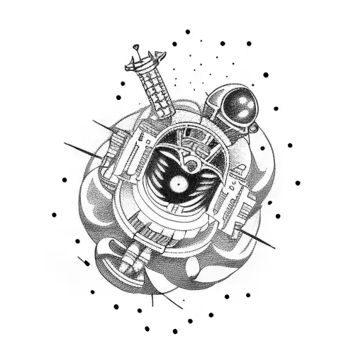 A dotwork tattoo of a spaceship with the band name 'blink 182' integrated into the design tattoo design idea