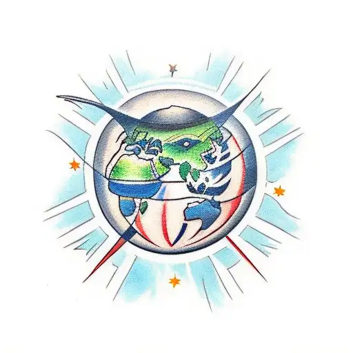 A traditional tattoo showcasing your passion for international relations with a space-themed globe and alien ambassadors tattoo design idea