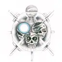 A realistic portrait of Blink 182 members surrounded by UFOs and celestial elements tattoo design idea