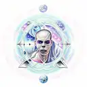 A realistic portrait of Blink 182 members surrounded by UFOs and celestial elements tattoo design idea