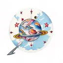 A traditional tattoo showcasing your passion for international relations with a space-themed globe and alien ambassadors tattoo design idea