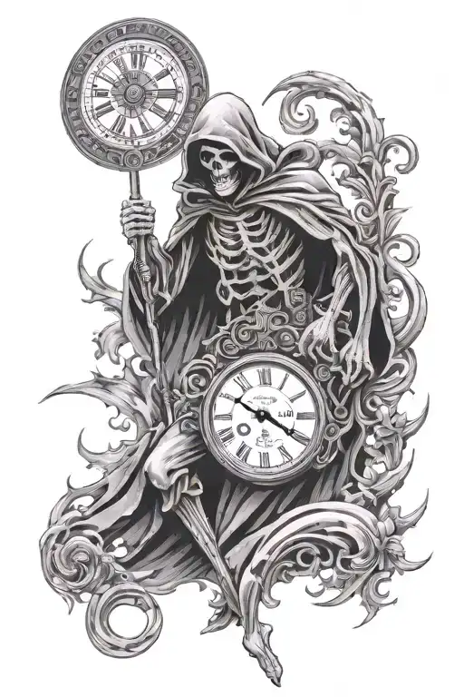 Grim reaper with a old clock and 'Mors certa, hora incerta"  tattoo design idea