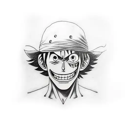 Create a realistic portrait of Monkey D. Luffy with coding symbols incorporated into the background tattoo design idea