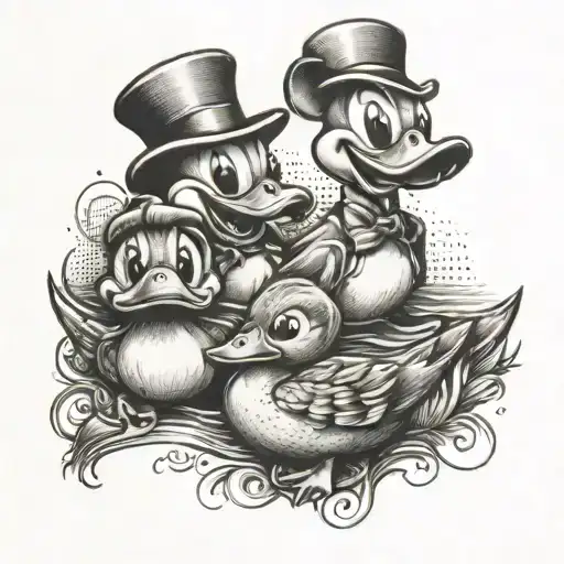 A playful tattoo of a duck family wearing Mickey Mouse ears, combining the client's love for ducks and Disney tattoo design idea