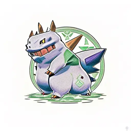 A traditional-style tattoo featuring a battle scene between Pokemon Gengar and Bulbasaur, with the gamer's username incorporated into the design tattoo design idea
