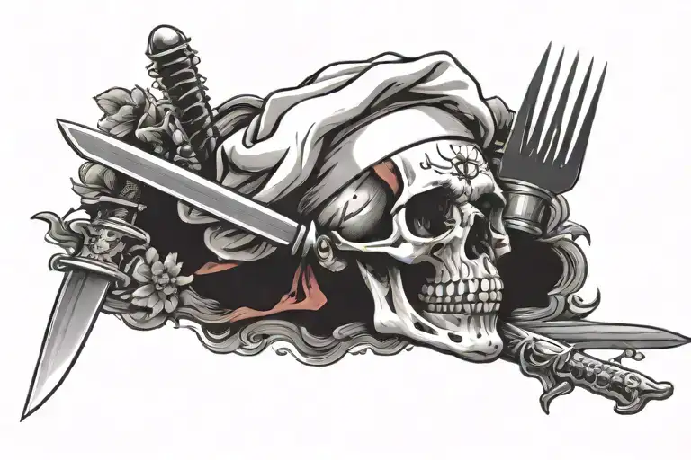 skull with Chef hat, knife, and fork underneath tattoo design idea
