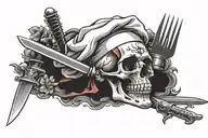 skull with Chef hat, knife, and fork underneath tattoo design idea