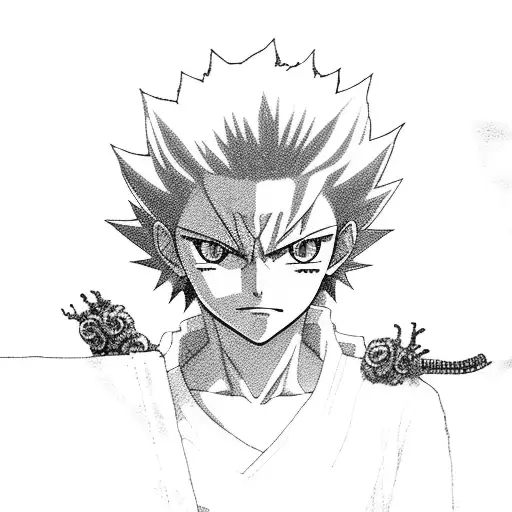 itachi Uchiha and neferpitou from hunterxhunter crouching and ryuuk from death note behind them tattoo design idea