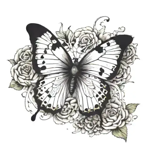 A picture of a butterfly where one half is colorless black and white with droopy broken wing and the other half not brok tattoo design idea