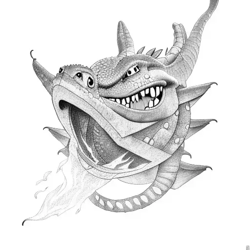 A How to Train Your Dragon-inspired tattoo of a dragon breathing fire in dotwork style tattoo design idea