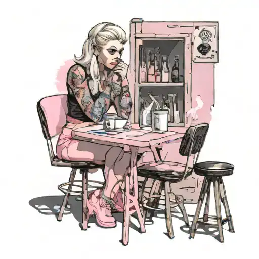 tattoo shop with pink table and chairs outside and a blonde girl smoking a fag tattoo design idea