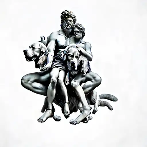 a greek god holding 3 heads dog tattoo design idea