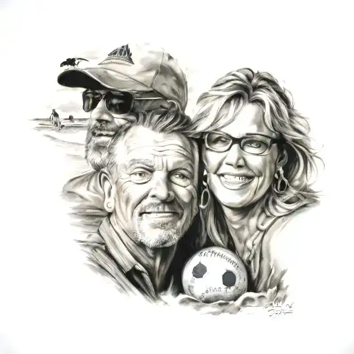 A realistic portrait of the client's family enjoying a day at the beach, with subtle nods to their love of baseball and rock music incorporated into the background tattoo design idea