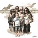 A realistic portrait of the client's family enjoying a day at the beach, with subtle nods to their love of baseball and rock music incorporated into the background tattoo design idea