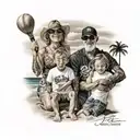 A realistic portrait of the client's family enjoying a day at the beach, with subtle nods to their love of baseball and rock music incorporated into the background tattoo design idea
