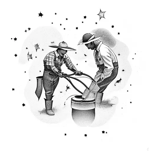 An abstract representation of a cattle farmer and an electrician working together, surrounded by sunsets and shooting stars tattoo design idea