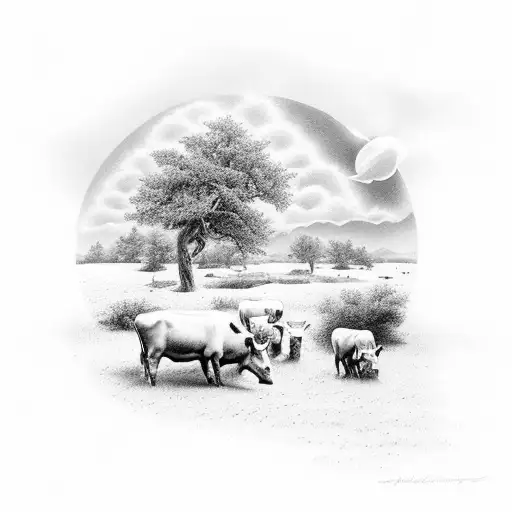 A scenic landscape tattoo featuring a cattle herd grazing under a mesmerizing sunset tattoo design idea