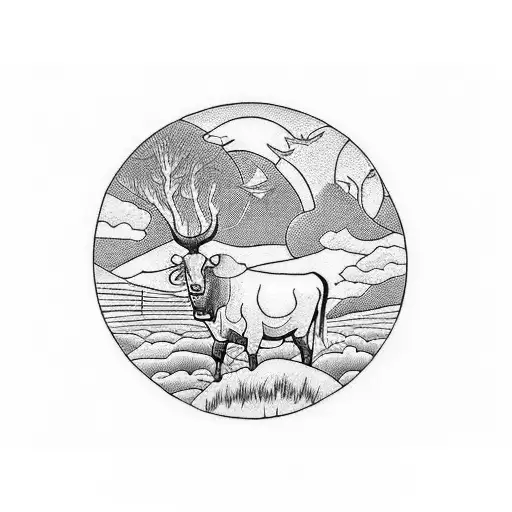 An intricate blackwork tattoo of a sunset scene with cattle grazing peacefully in the foreground tattoo design idea