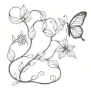 Caterpillar to butterfly emerging on a vine with flowers and leaves tattoo design idea