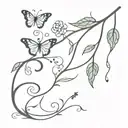 Caterpillar to butterfly emerging on a vine with flowers and leaves tattoo design idea