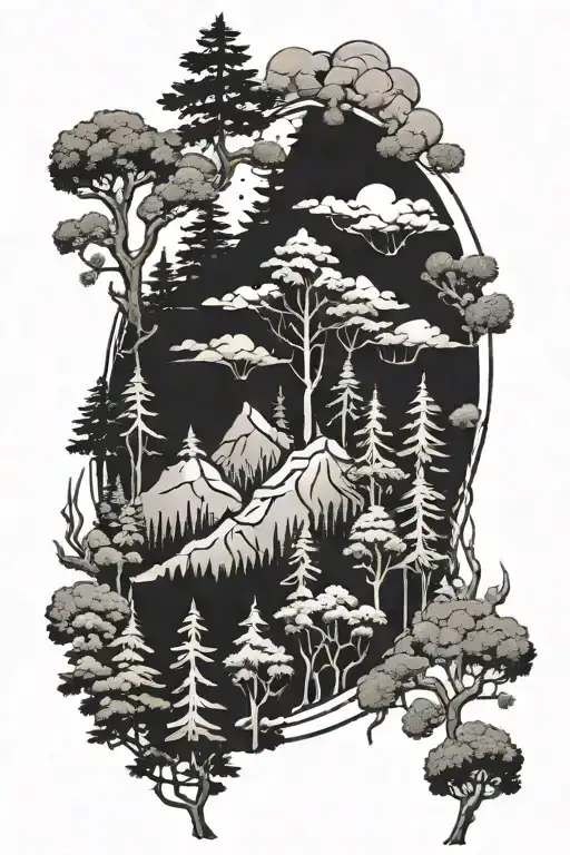 titan surrounded by evergreen trees  tattoo design idea