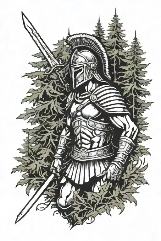 spartan warrior surrounded by evergreen trees  tattoo design idea