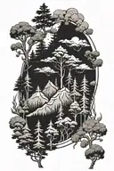 titan surrounded by evergreen trees  tattoo design idea