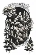 titan surrounded by evergreen trees  tattoo design idea