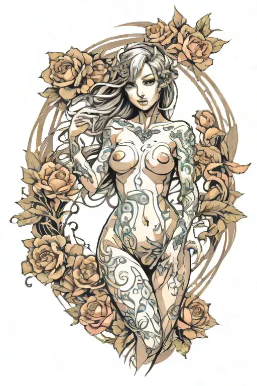 nude woman frontal view fantasy  tattoo design idea