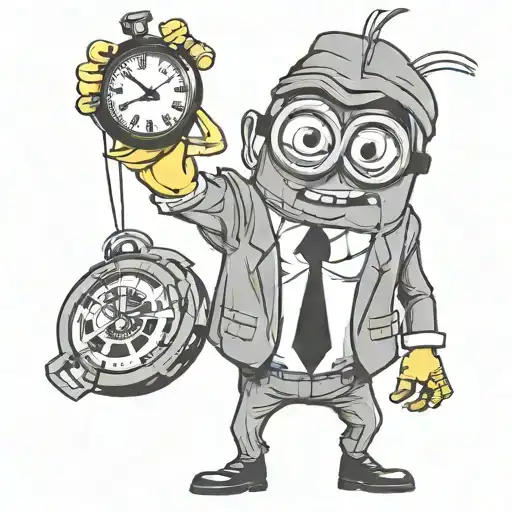 A minion wearing a suit and tie, holding a broken clock in one hand, symbolizing the concept of time management tattoo design idea
