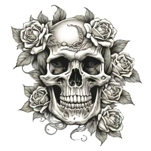Skull and Roses and snake tattoo design idea