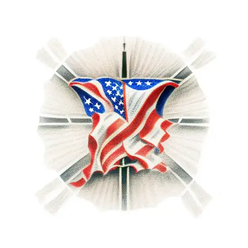 full vertical USA flag with wooden cross in front middle tattoo design idea