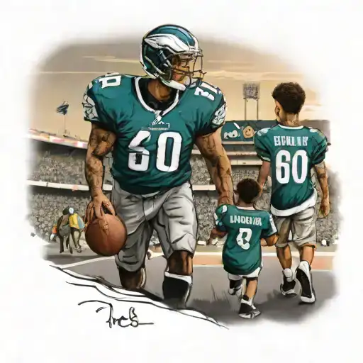 5 year old Black Granson With Grandfather Walking Towards Football Stadium Wearing philly Eagles jerseys with Sunset tattoo design idea