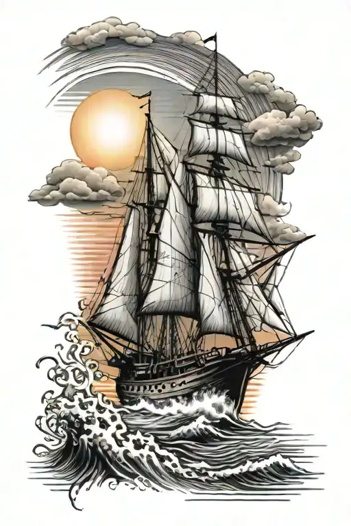 sail boat with sunset and rainbow tattoo design idea