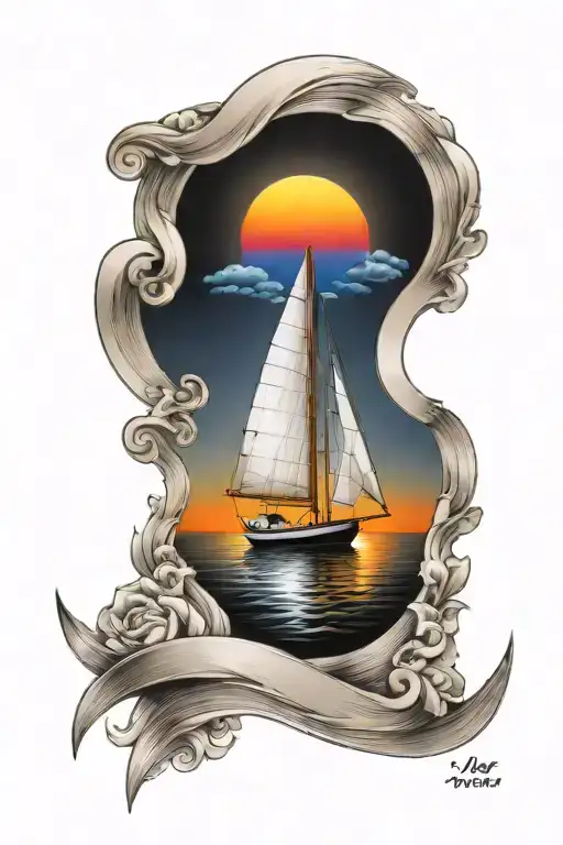 modern sail boat with sunset and rainbow tattoo design idea
