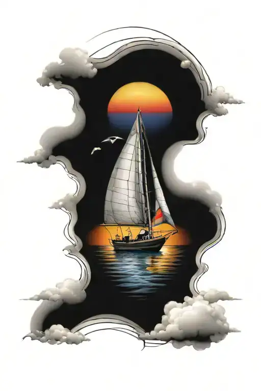 modern sail boat with sunset and rainbow tattoo design idea