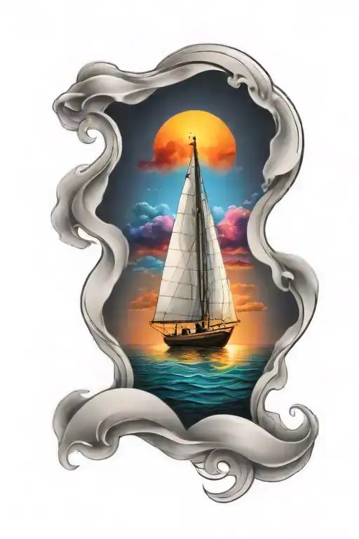 modern sail boat with sunset and rainbow tattoo design idea
